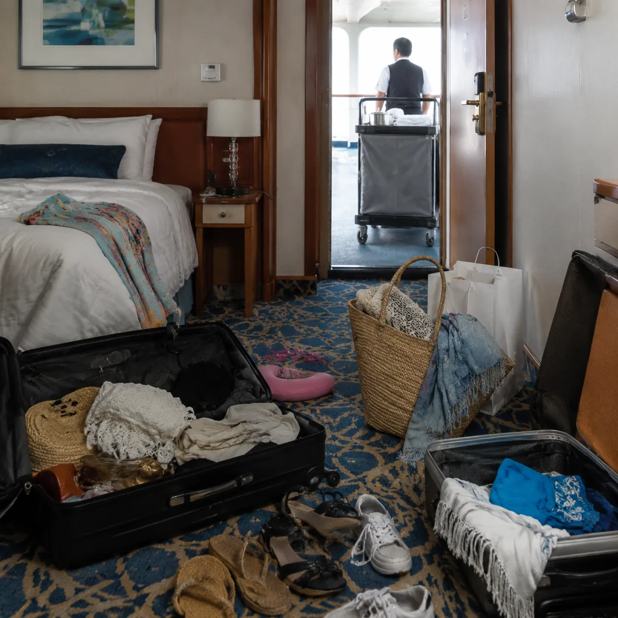Realistic editorial photo of a cruise cabin with open suitcases, shoes, shopping bags, and beach gear covering the floor
