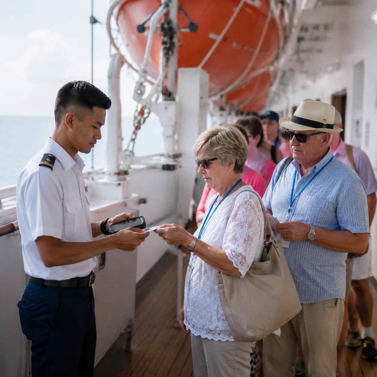 Realistic editorial photo of cruise passengers checking in at a muster station with crew member scanning cards near life