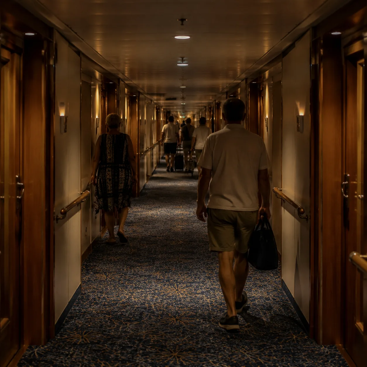 Realistic editorial photo of cruise ship cabin corridor at night with passengers returning quietly while cabin doors lin