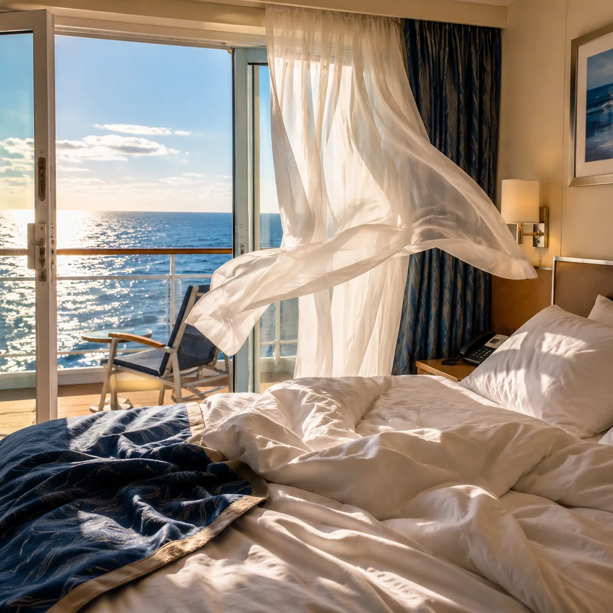 Realistic editorial photo of a cruise cabin balcony door left open with curtain blowing inward and bed linens disturbed,