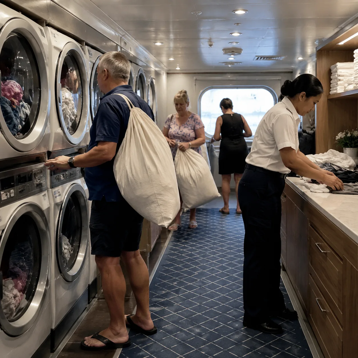 Realistic editorial photo of cruise ship self-service laundry room with packed washers, passengers holding laundry bags,