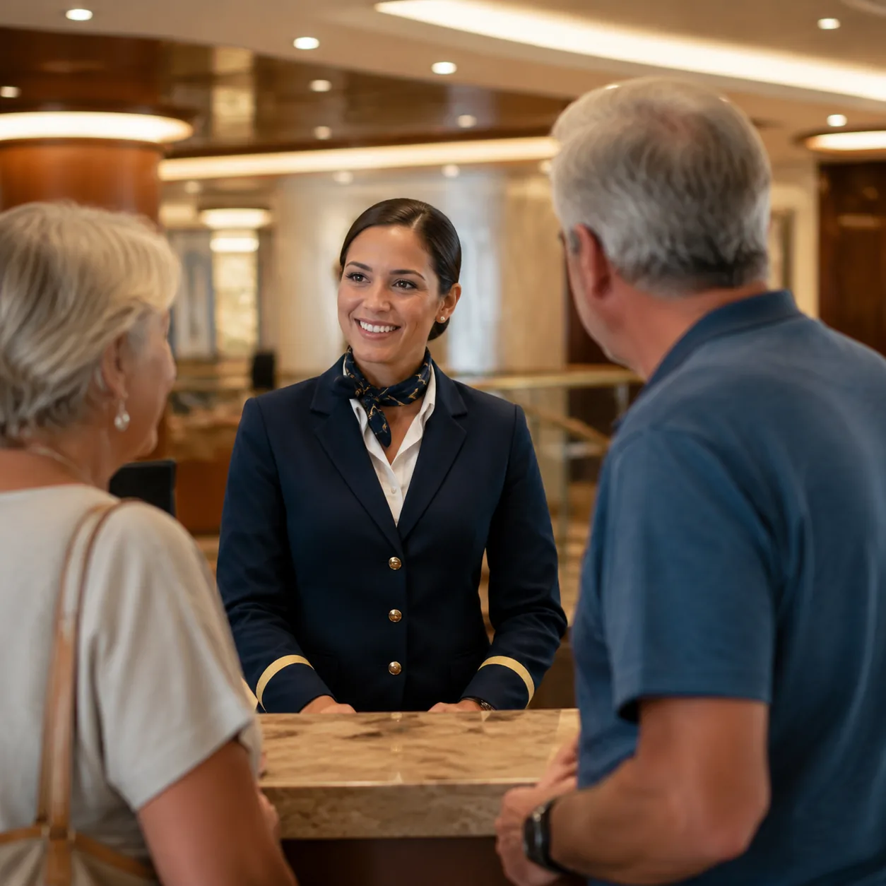 Realistic editorial photo of cruise crew member smiling professionally at a service counter while passengers speak nearb