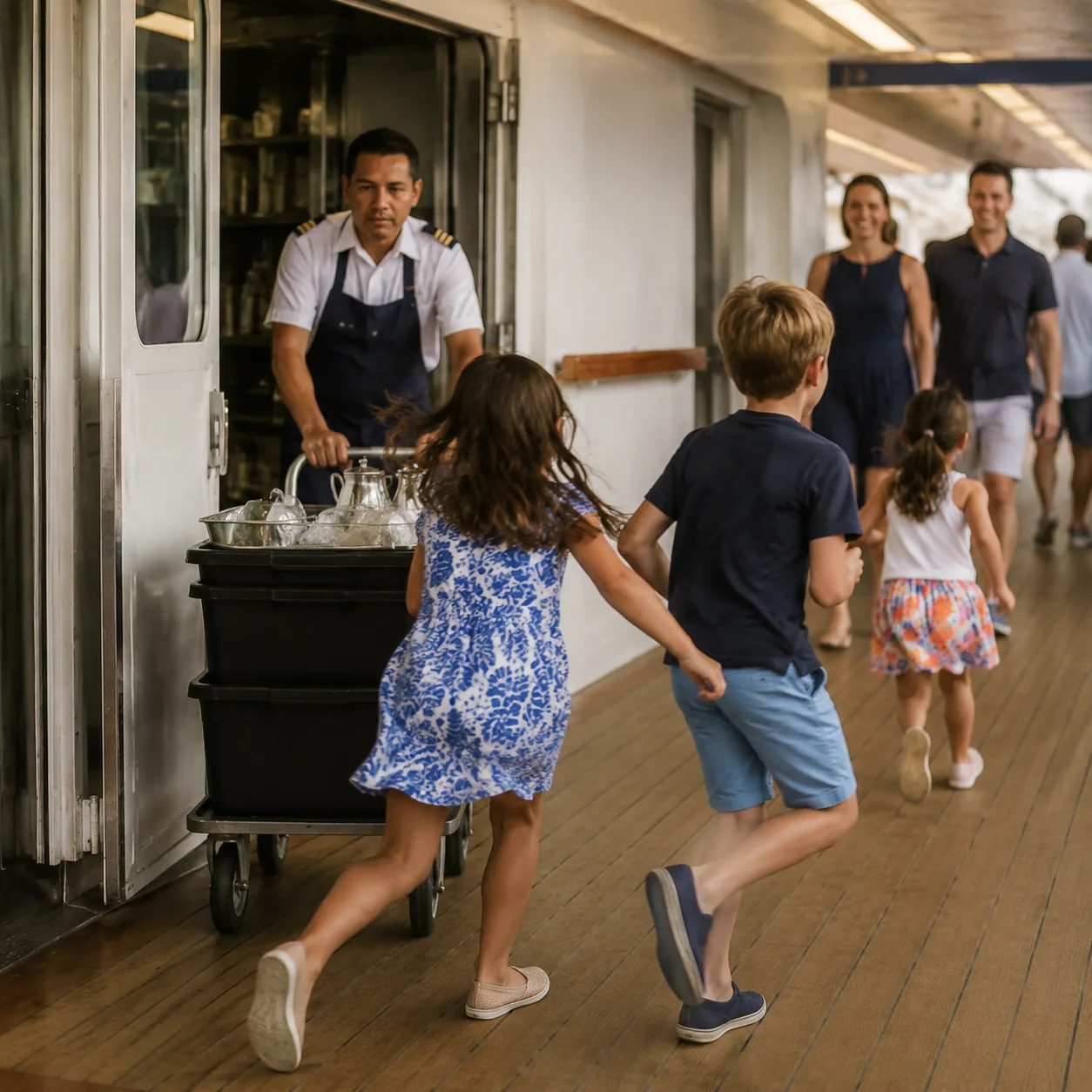 Realistic editorial photo of children playing near a cruise ship service doorway while a crew member pushes a cart caref