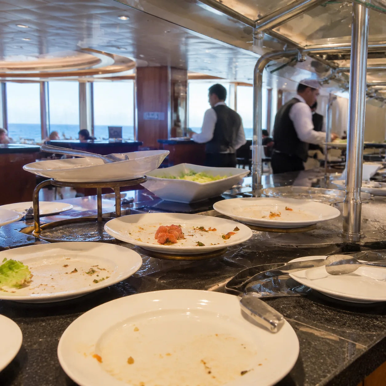 Realistic editorial photo of cruise buffet table with several mostly untouched plates, serving tongs, and crew clearing 