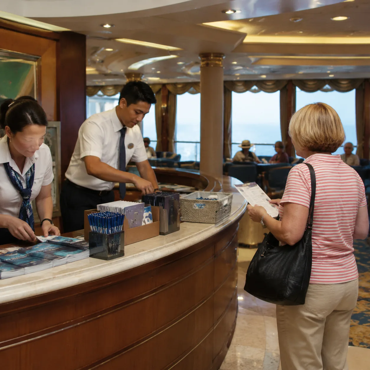 Realistic editorial photo of cruise activity desk closing with crew tidying supplies while a late passenger arrives hold