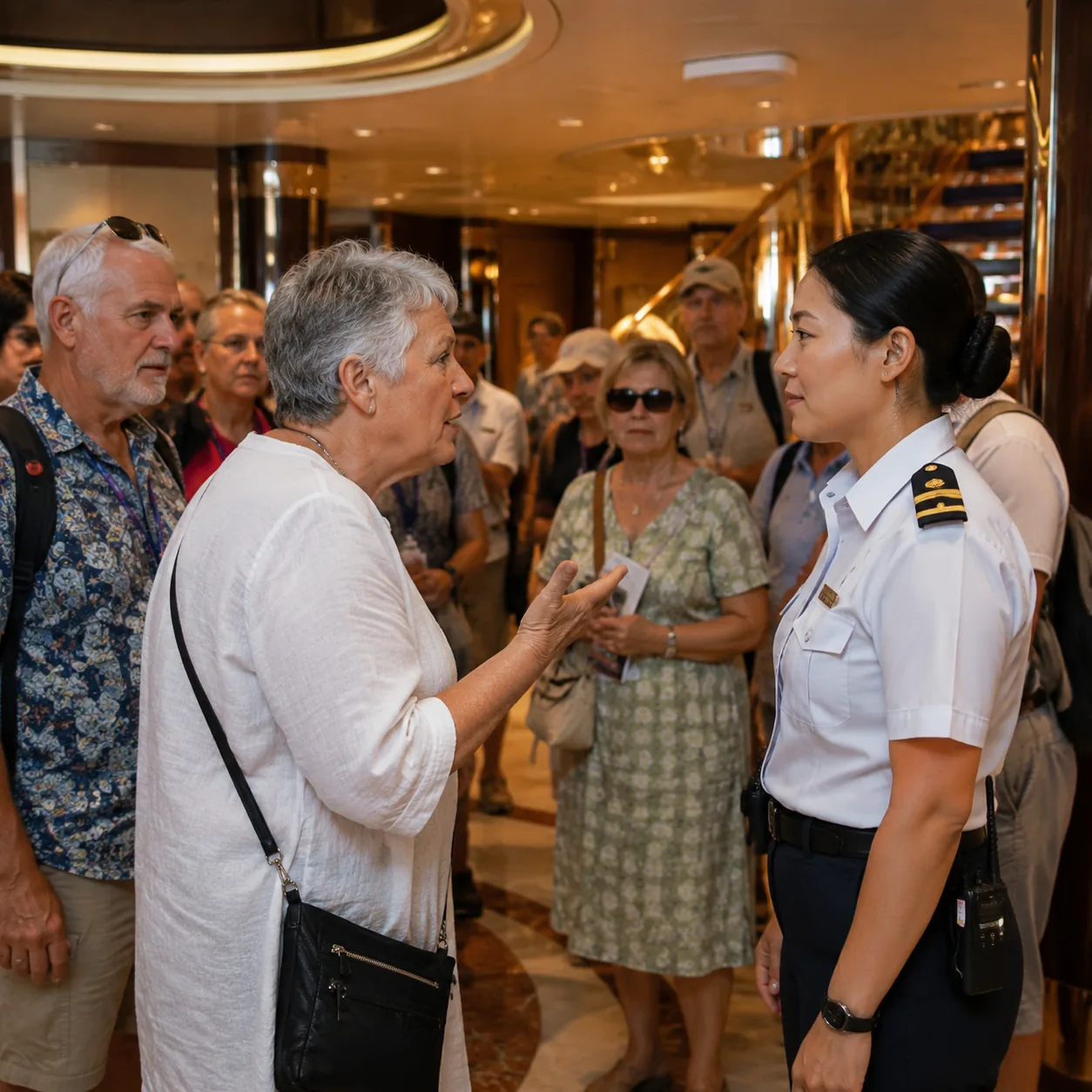 Realistic editorial photo of cruise passenger speaking tensely to a calm crew member near ship lobby while other guests 