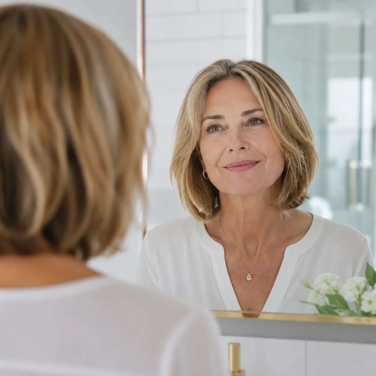 Realistic editorial photo of a woman over 50 with a collarbone-length haircut that air-dries neatly, bright bathroom mir