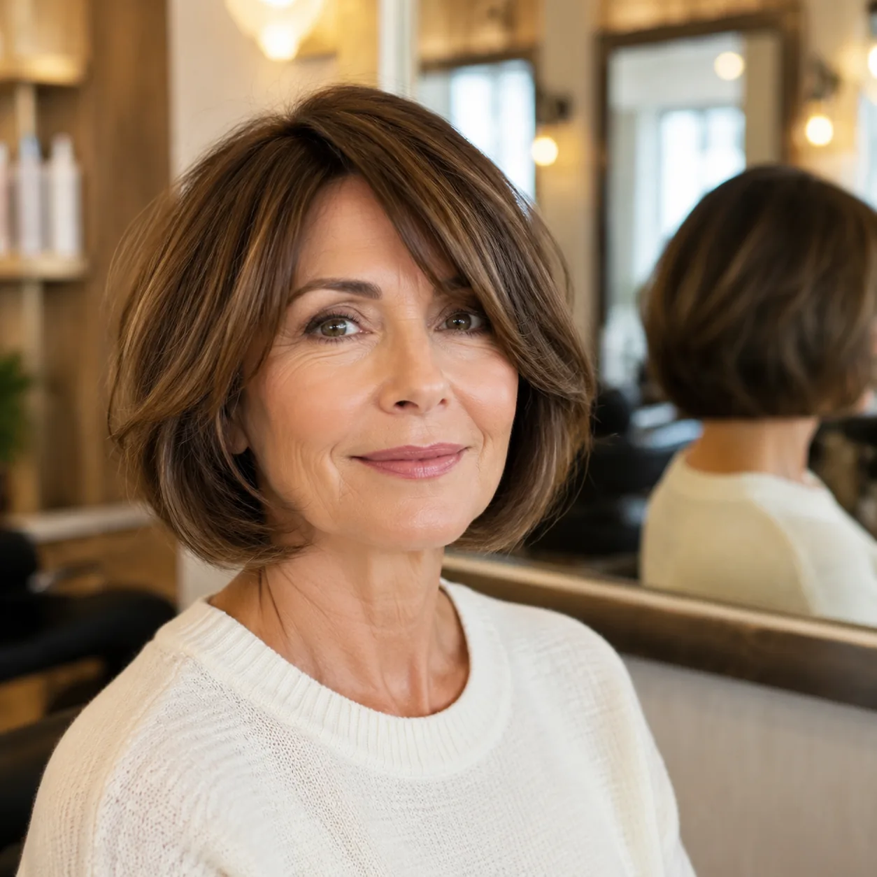 Realistic editorial photo of a woman over 50 with a soft bob haircut that sits naturally around the jaw, salon mirror ba