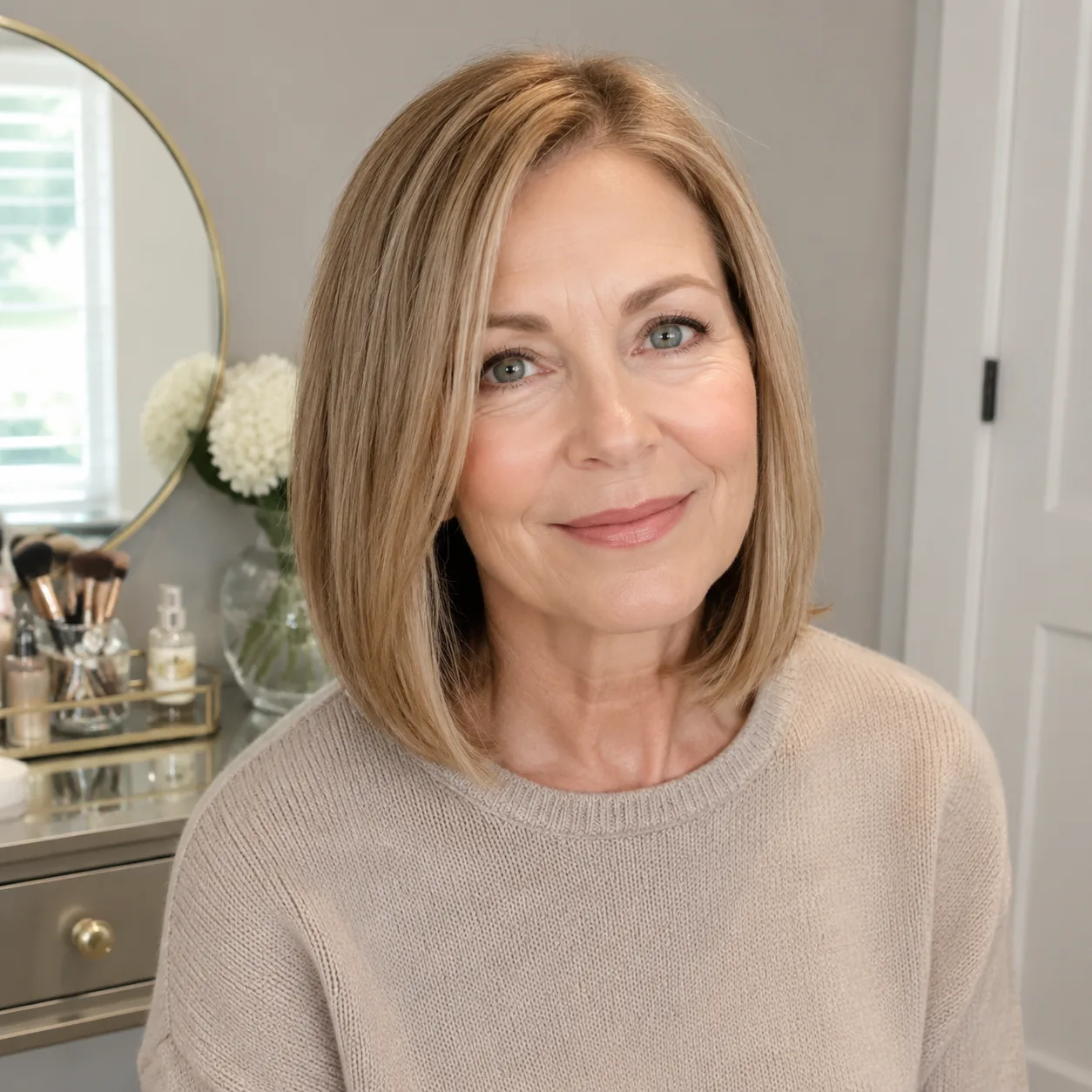 Realistic editorial photo of a woman over 50 with a one-length lob haircut, simple sweater, home vanity background, soft