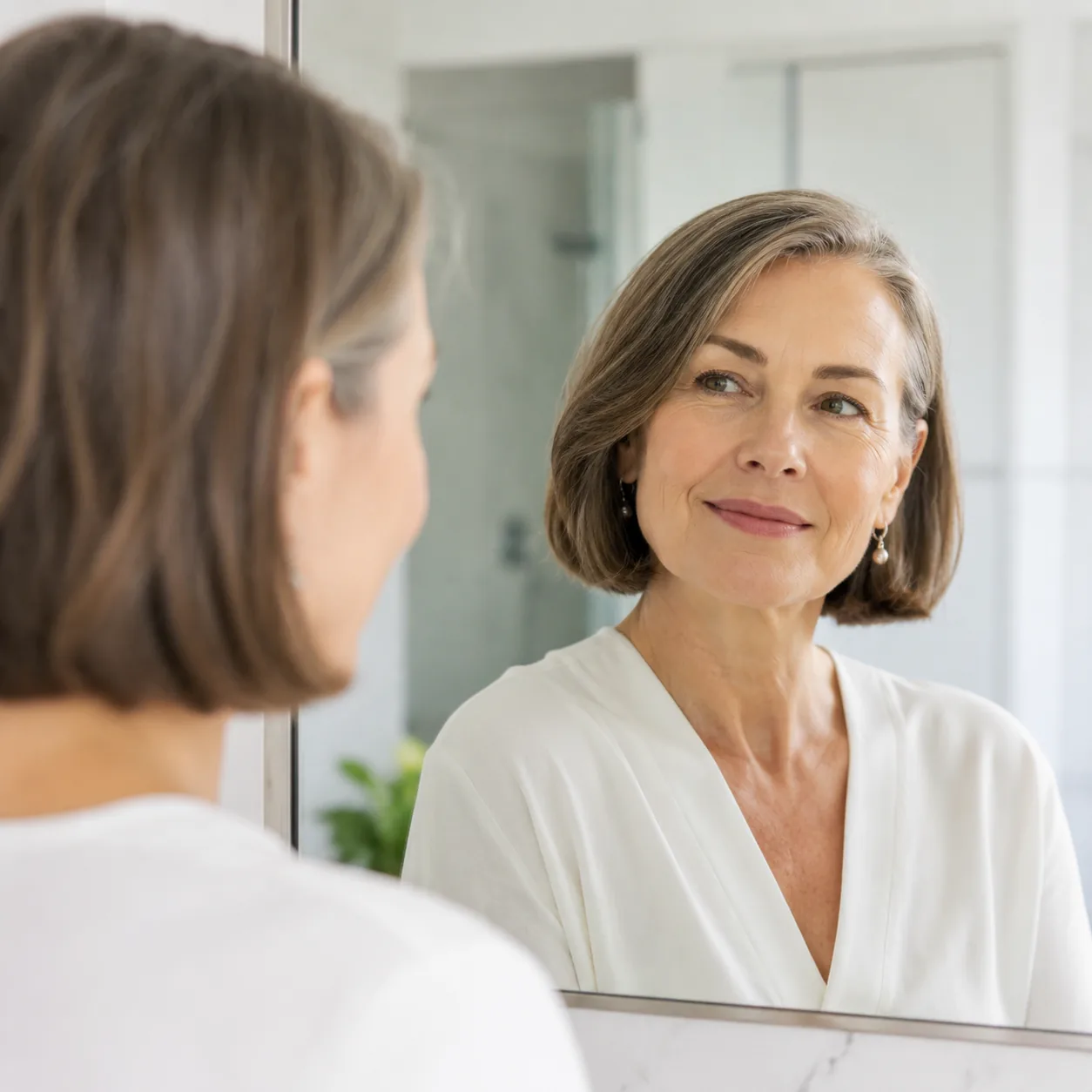 Realistic editorial photo of a woman over 50 with a bob haircut tucked behind one ear, simple earrings, clean bathroom m