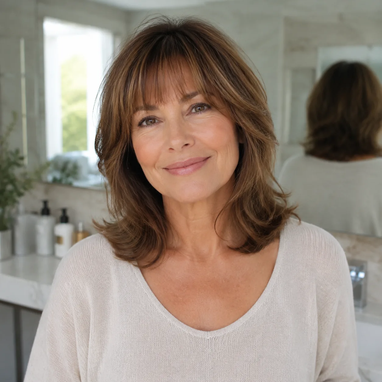 Realistic editorial photo of a woman over 50 with soft fringe and medium hair, natural makeup, bright bathroom mirror ba