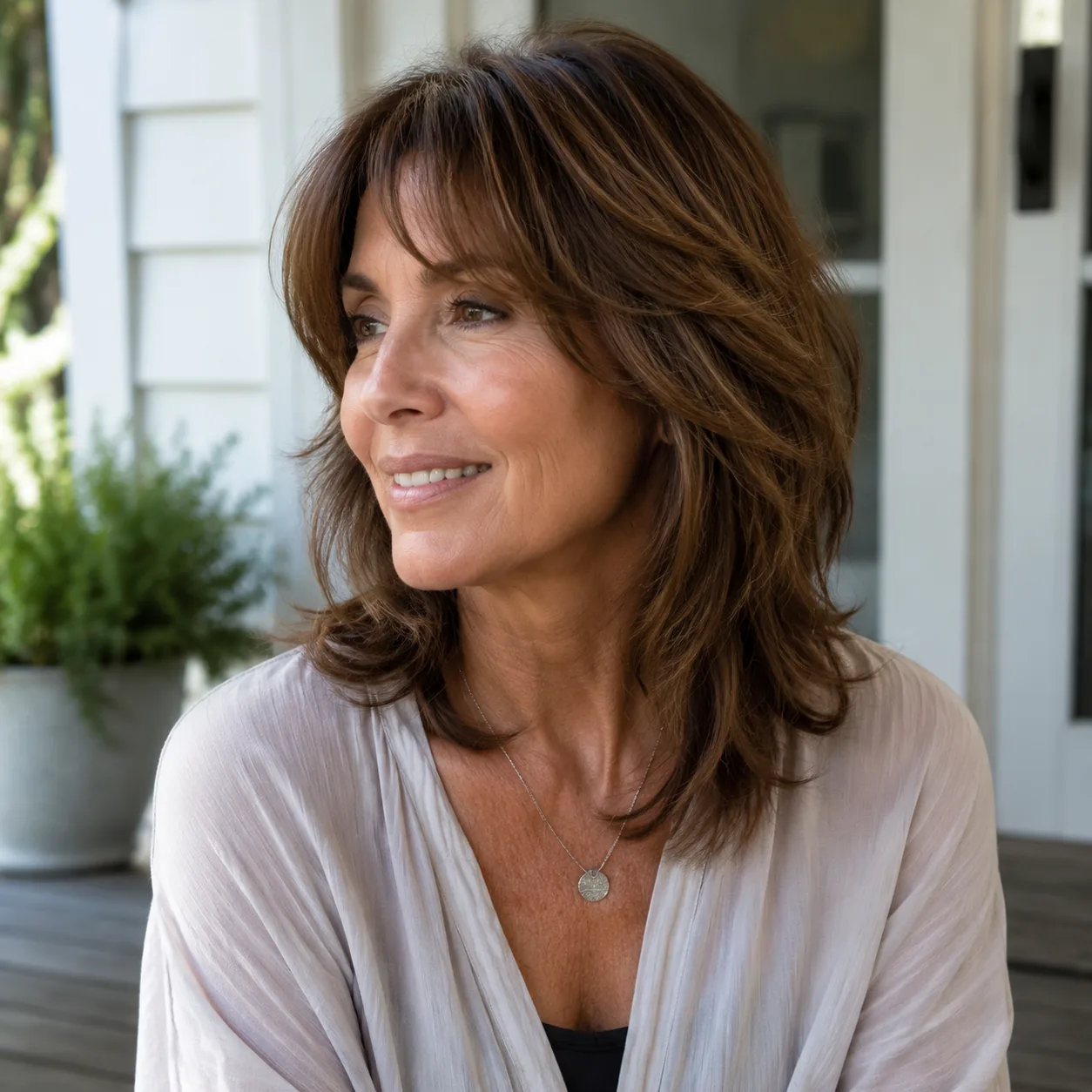 Realistic editorial photo of a woman over 50 with a humidity-friendly layered haircut, light frizz controlled naturally,