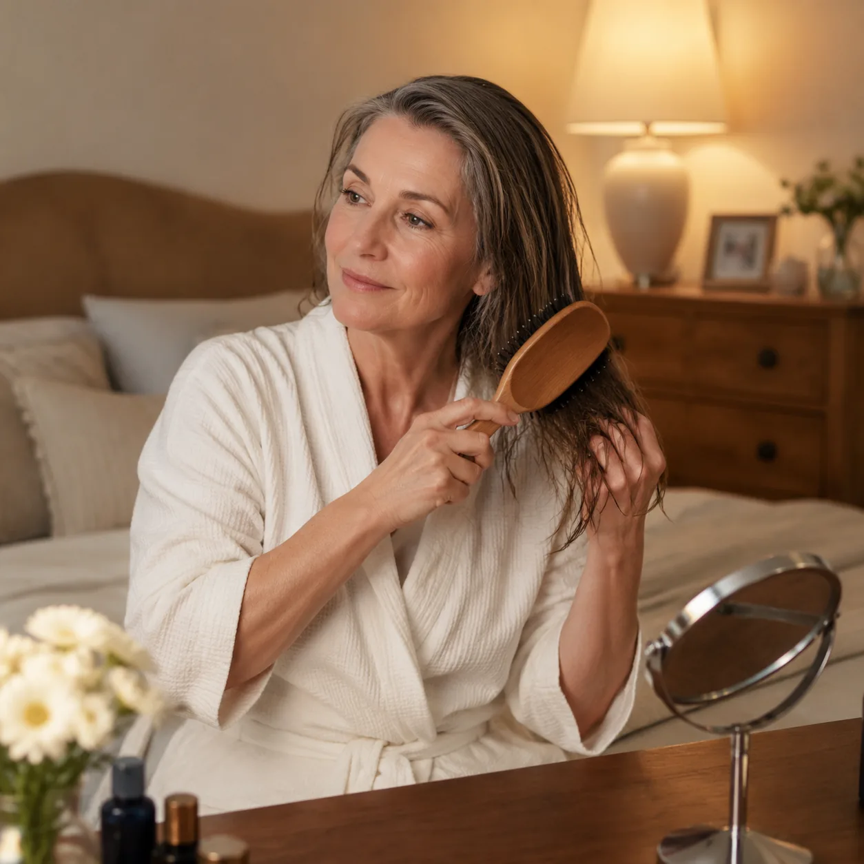 Realistic editorial photo of a woman over 50 brushing damp hair before bed with a simple easy haircut, cozy bedroom vani