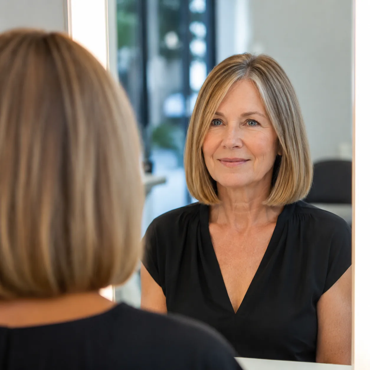 Realistic editorial photo of a woman over 50 with a collarbone-length lob haircut and blunt healthy ends, bright salon m