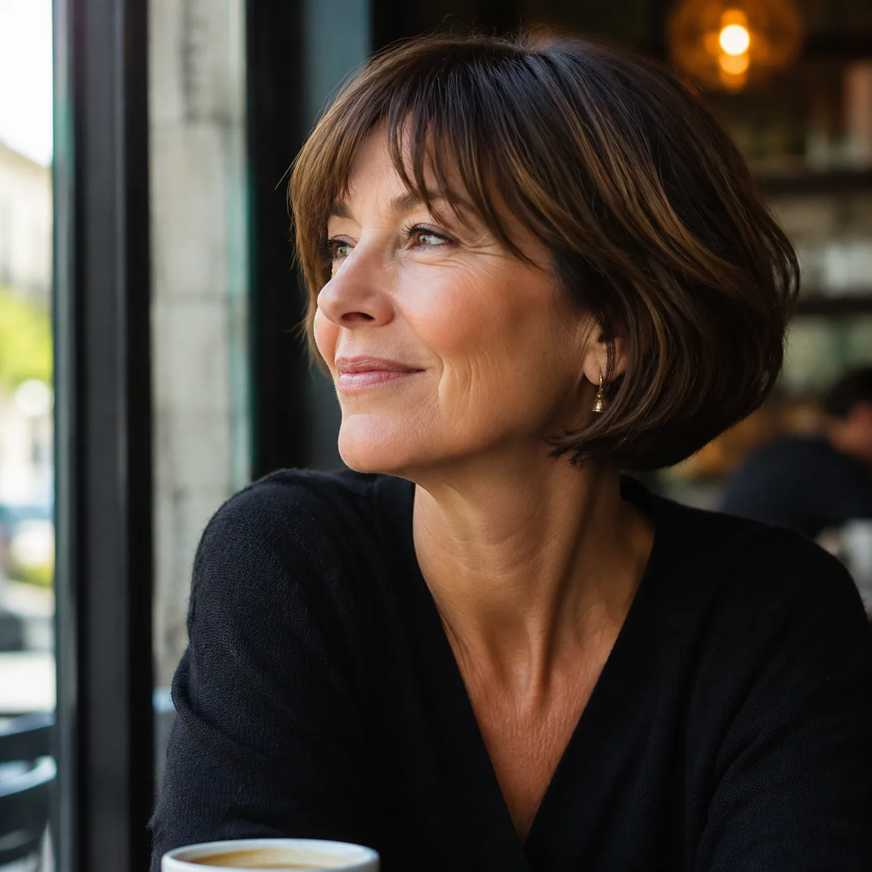 Realistic editorial photo of a woman over 50 with a jaw-length French bob haircut, simple earrings, cafe window light, e