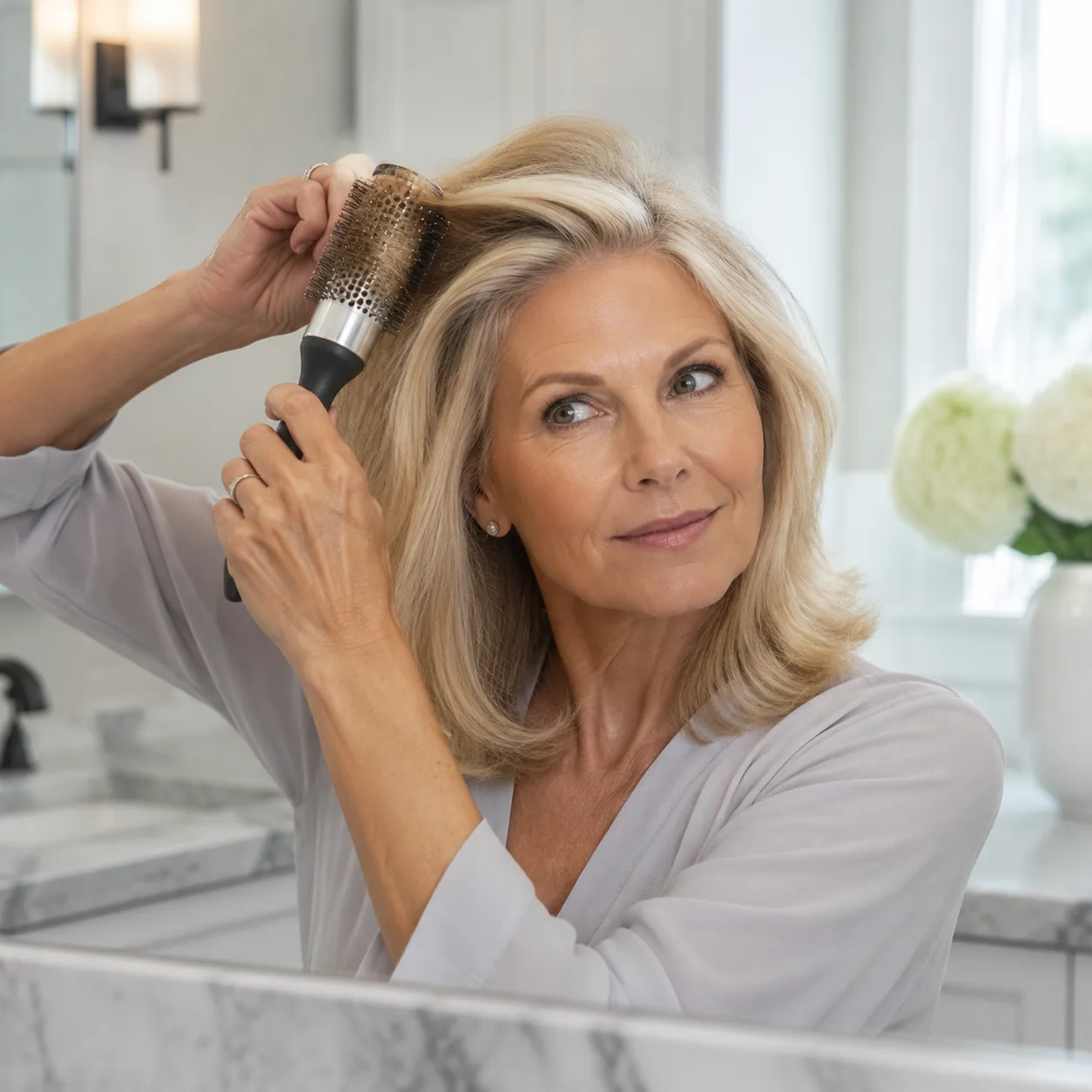 Realistic editorial photo of a woman over 50 using a round brush to lift the crown near a side part, bathroom vanity set