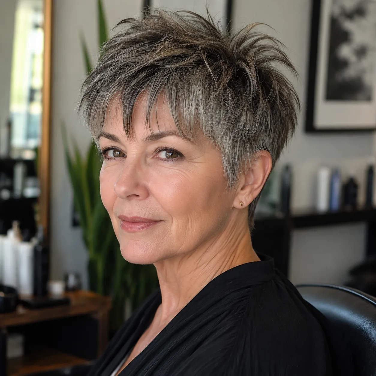 Realistic editorial photo of a woman over 50 with a textured crop haircut and piecey bangs, relaxed salon portrait, soft