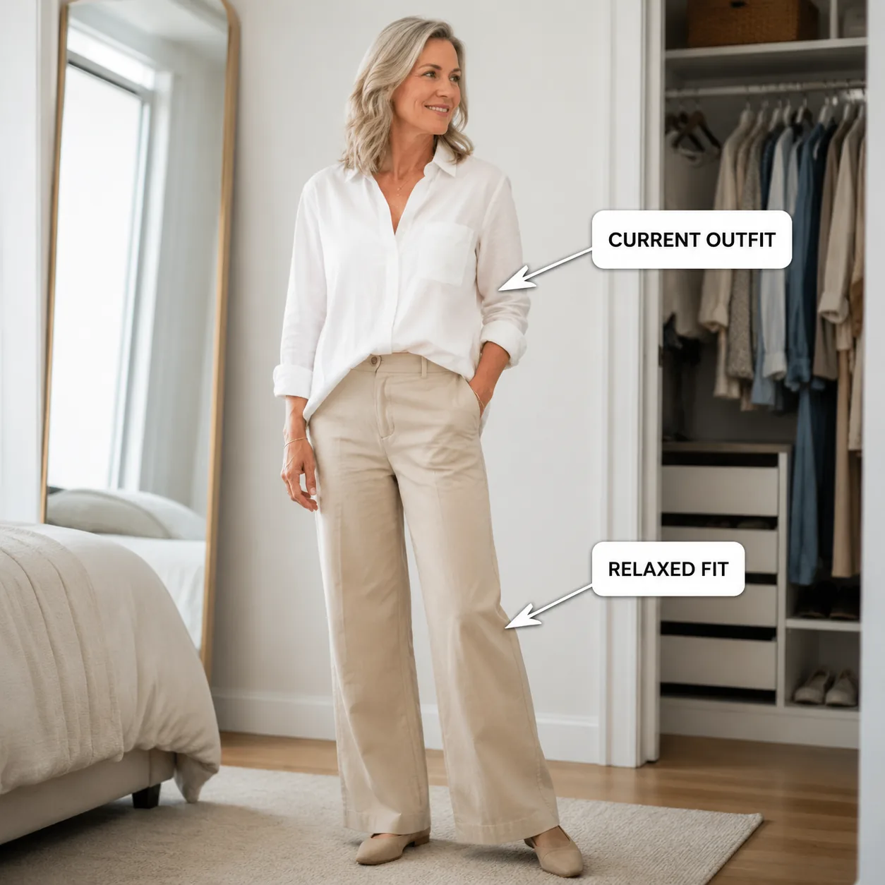 Create a premium educational fashion photograph designed for a modern lifestyle article. SUBJECT: realistic woman over 5