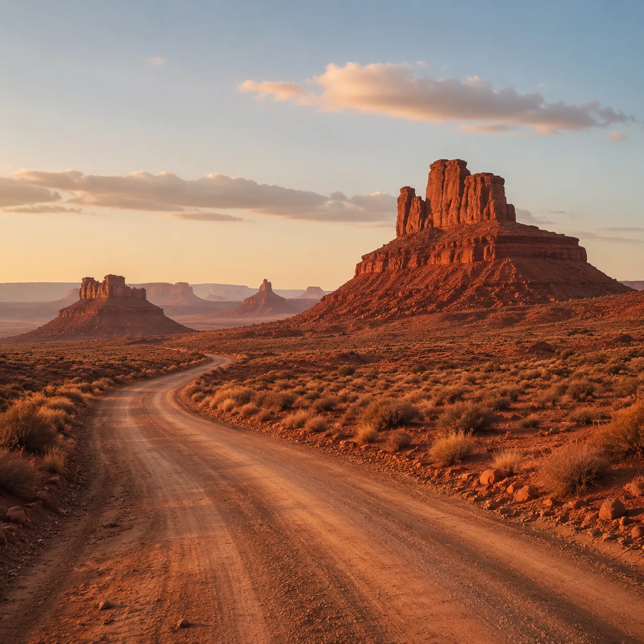 Realistic editorial photo of red desert buttes along the Valley of the Gods dirt road in Utah at golden hour, warm natur