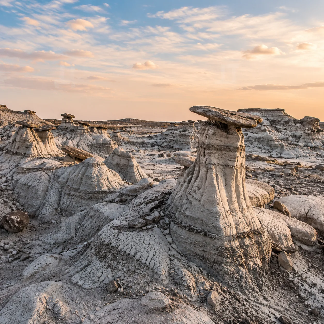 Realistic editorial photo of strange white and gray badlands formations in Bisti De Na Zin Wilderness New Mexico under s