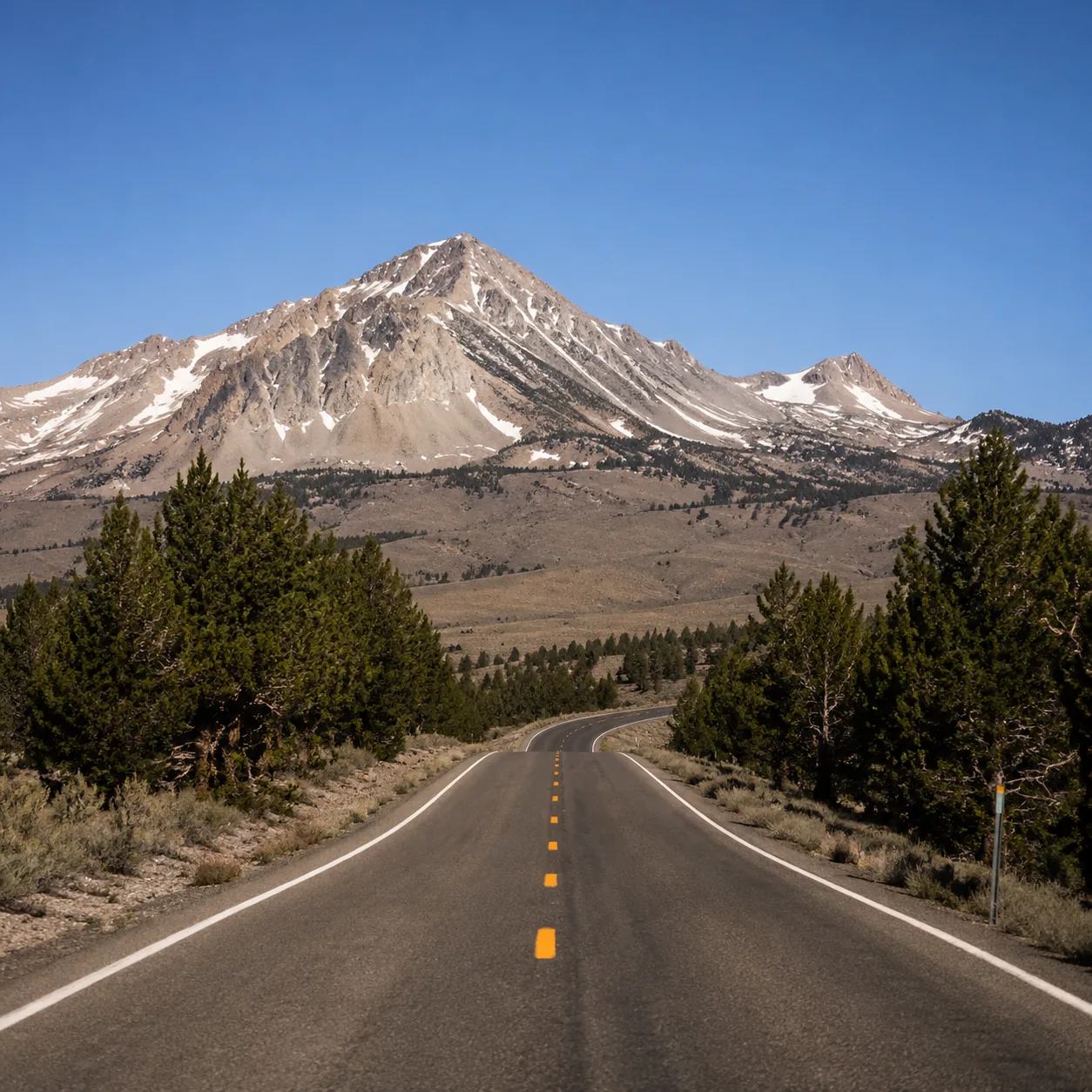 Realistic editorial photo of empty road leading toward Wheeler Peak in Great Basin National Park Nevada, warm natural tr