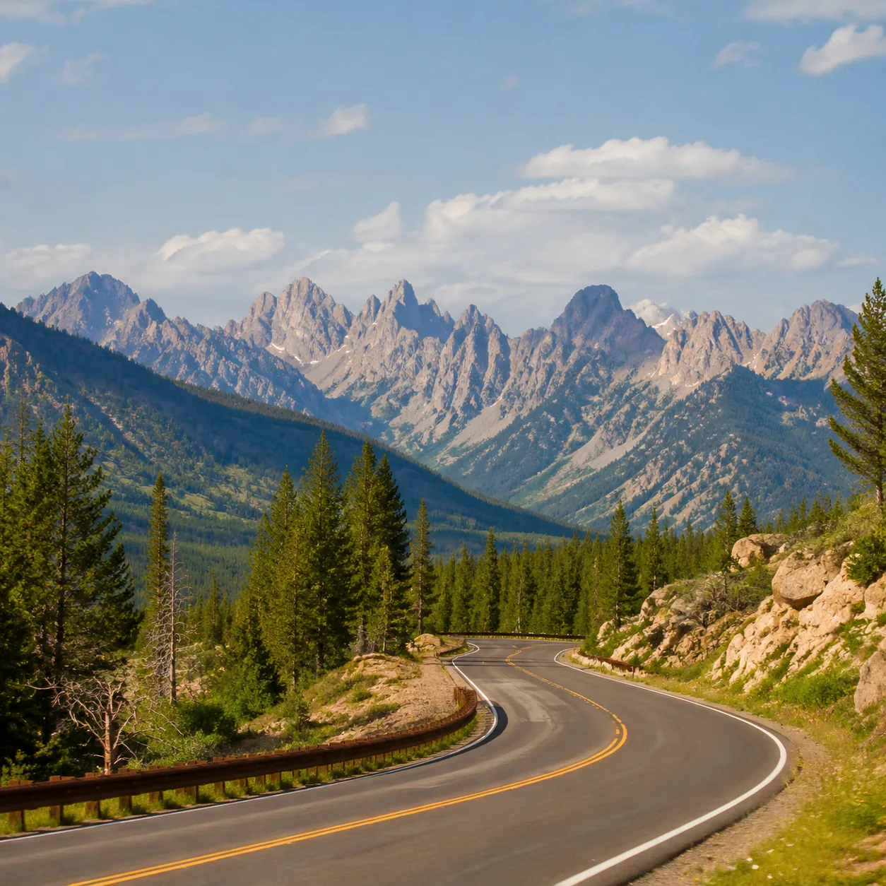 Realistic editorial photo of Sawtooth Mountains above a winding Idaho road near Stanley with clear summer sky, warm natu