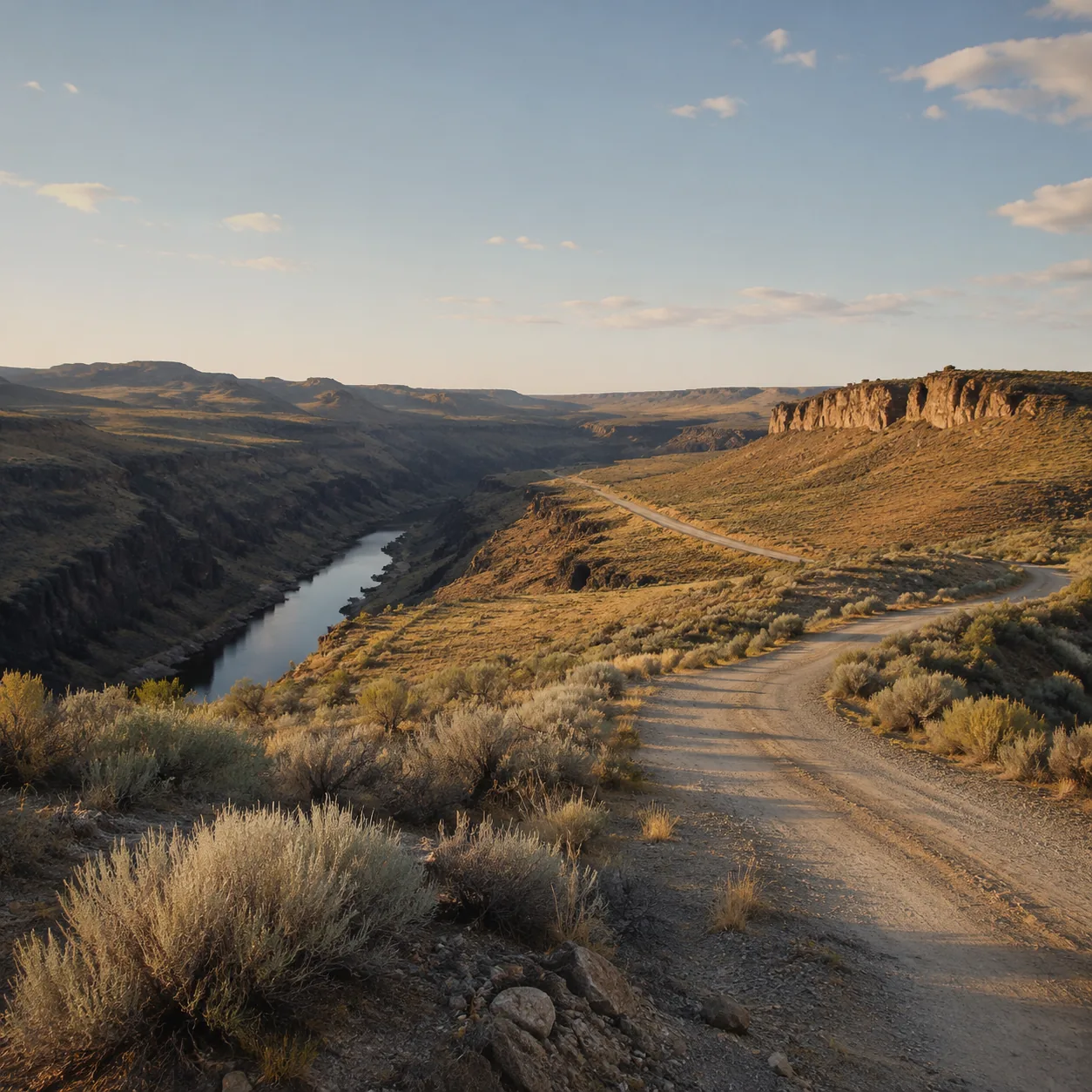 Realistic editorial photo of remote Owyhee Canyonlands river canyon with sagebrush plateau and empty dirt road, warm nat