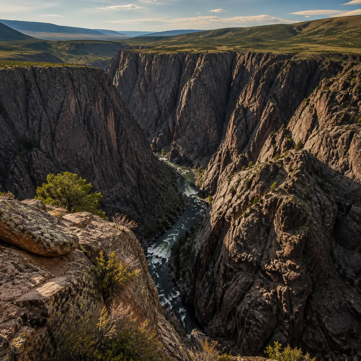 Realistic editorial photo of deep dark walls of Black Canyon of the Gunnison in Colorado with narrow river far below, wa