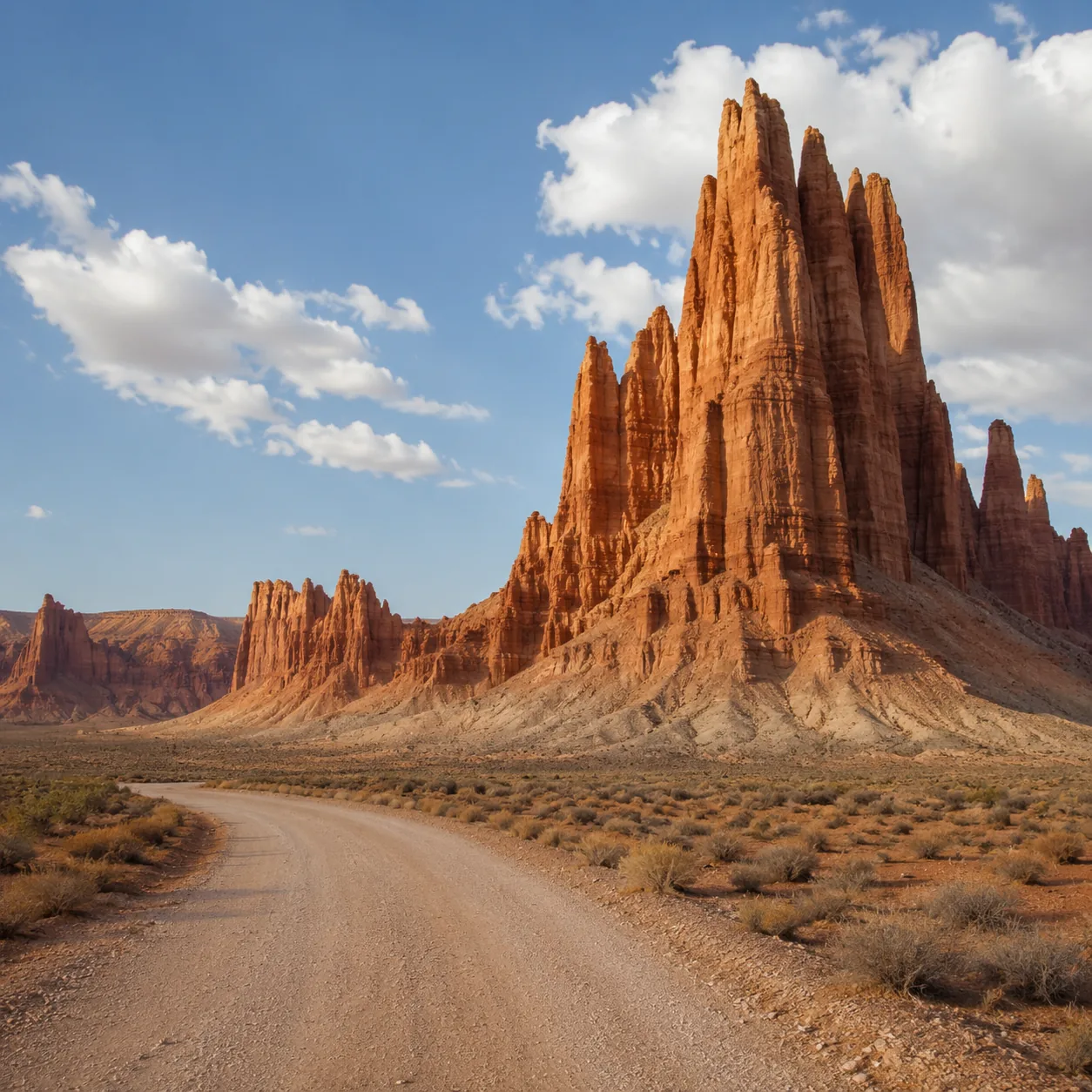 Realistic editorial photo of towering sandstone monoliths in Cathedral Valley Utah with desert road in foreground, warm 
