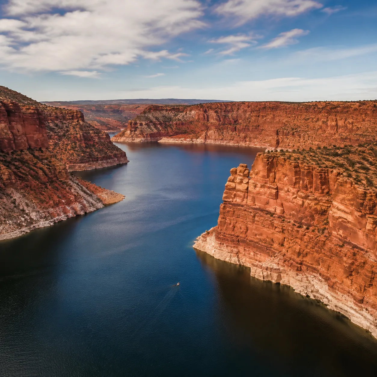 Realistic editorial photo of blue water of Flaming Gorge reservoir between red canyon walls in Utah, warm natural travel