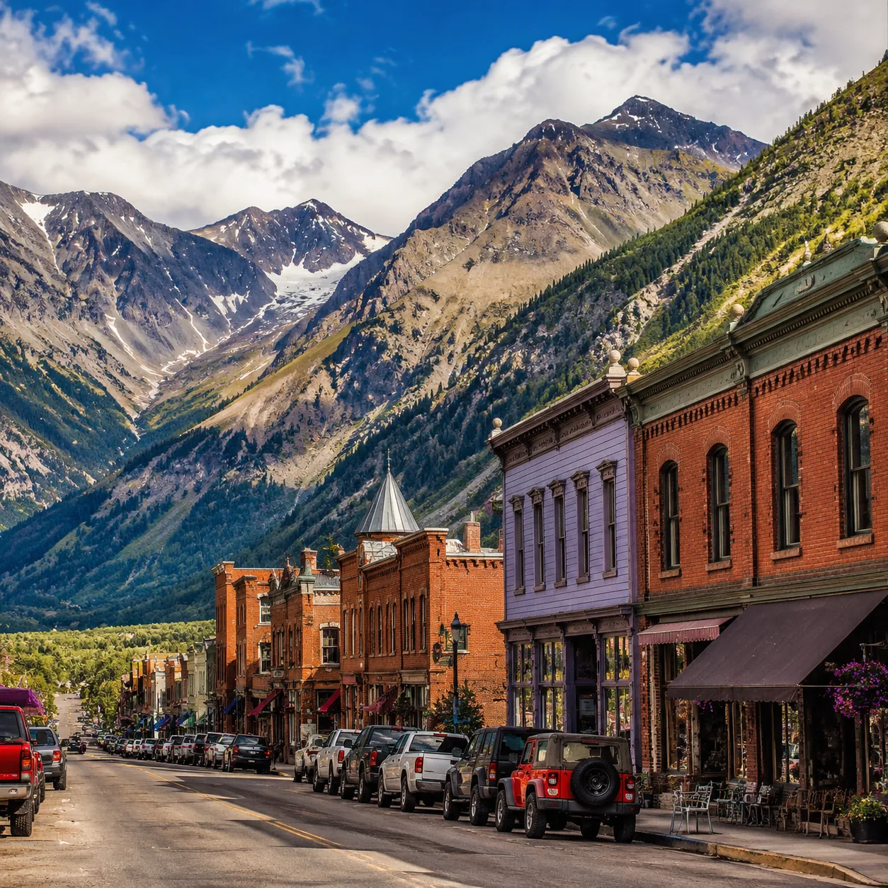 Realistic editorial photo of historic main street in Silverton Colorado surrounded by high mountains, warm natural trave