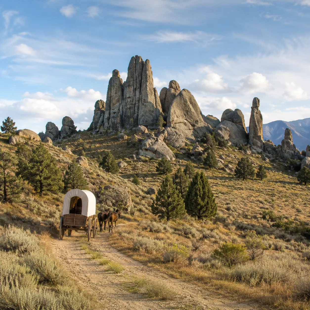 Realistic editorial photo of granite spires and covered-wagon trail landscape at City of Rocks Idaho, warm natural trave