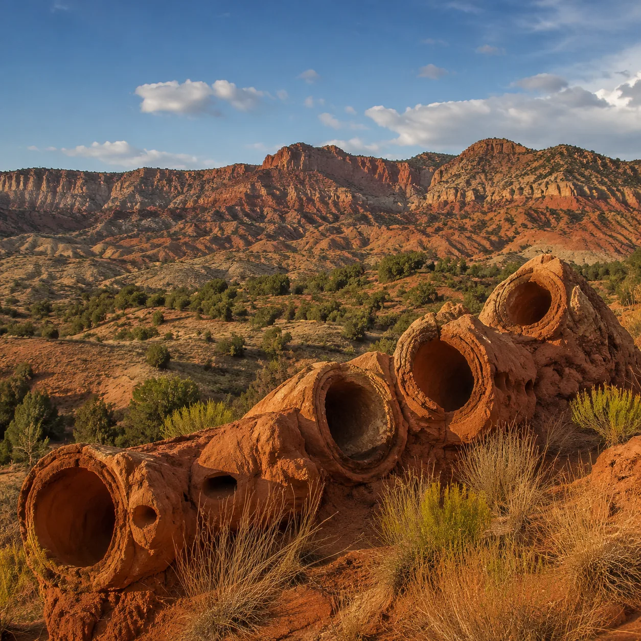 Realistic editorial photo of sandstone pipes and colorful desert ridges in Kodachrome Basin State Park Utah, warm natura