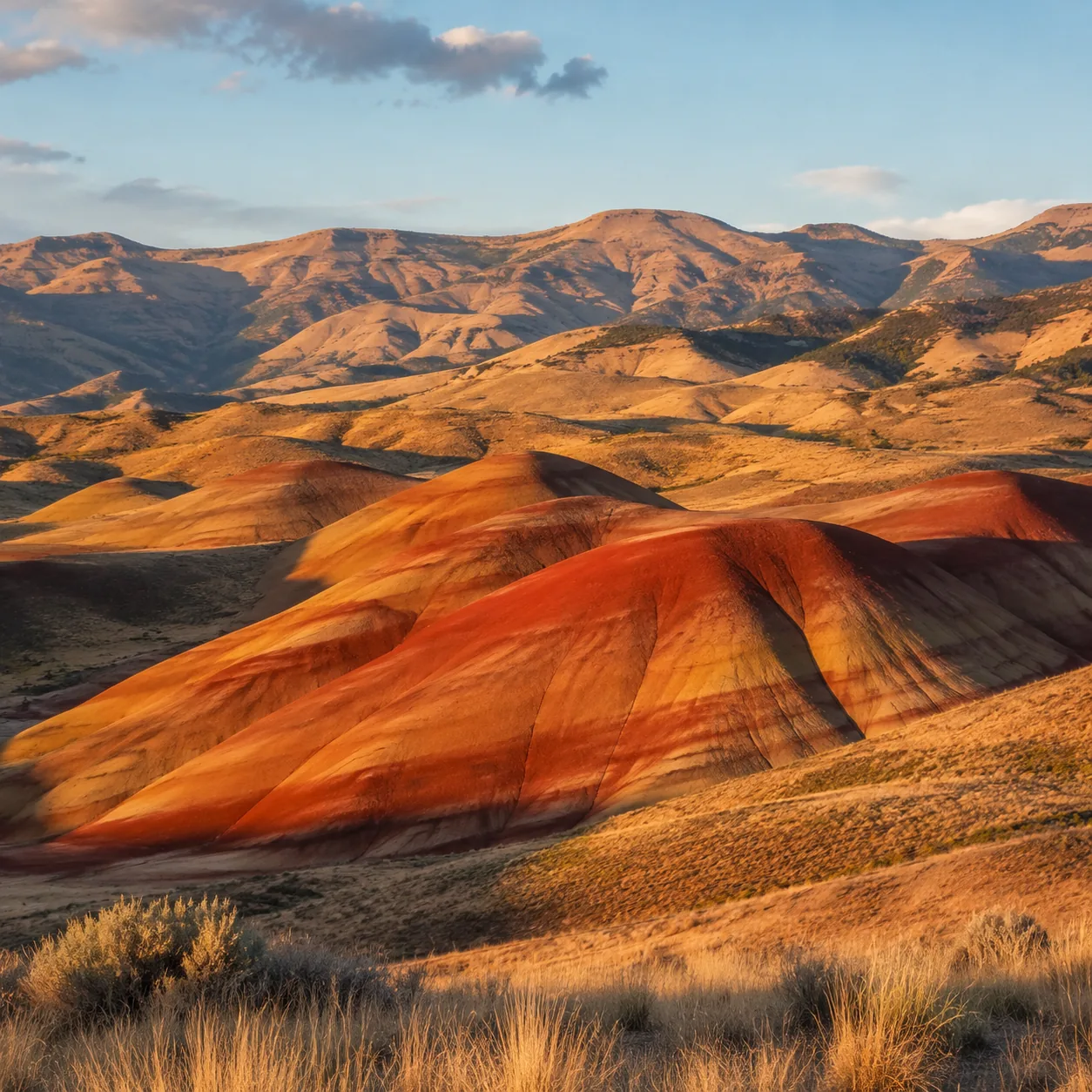 Realistic editorial photo of painted red and gold hills at John Day Fossil Beds Oregon in low sunlight, warm natural tra