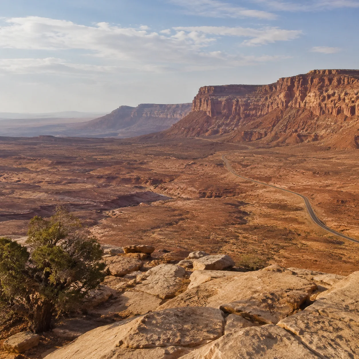 Realistic editorial photo of wide sandstone canyon overlook in the San Rafael Swell Utah with empty desert road, warm na