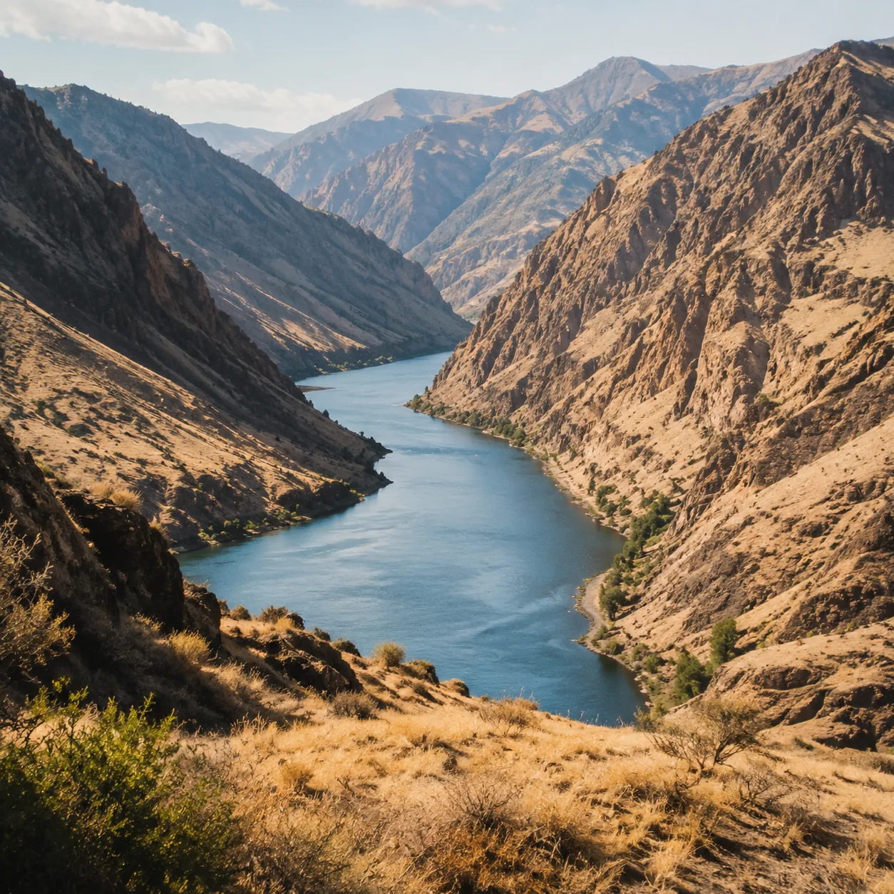 Realistic editorial photo of Snake River cutting through Hells Canyon with dry hills and blue water, warm natural travel