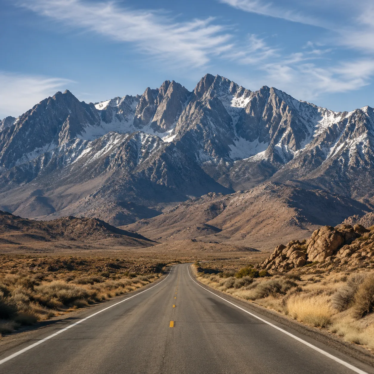 Realistic editorial photo of Highway 395 with Sierra Nevada mountains rising above desert brush in California, warm natu