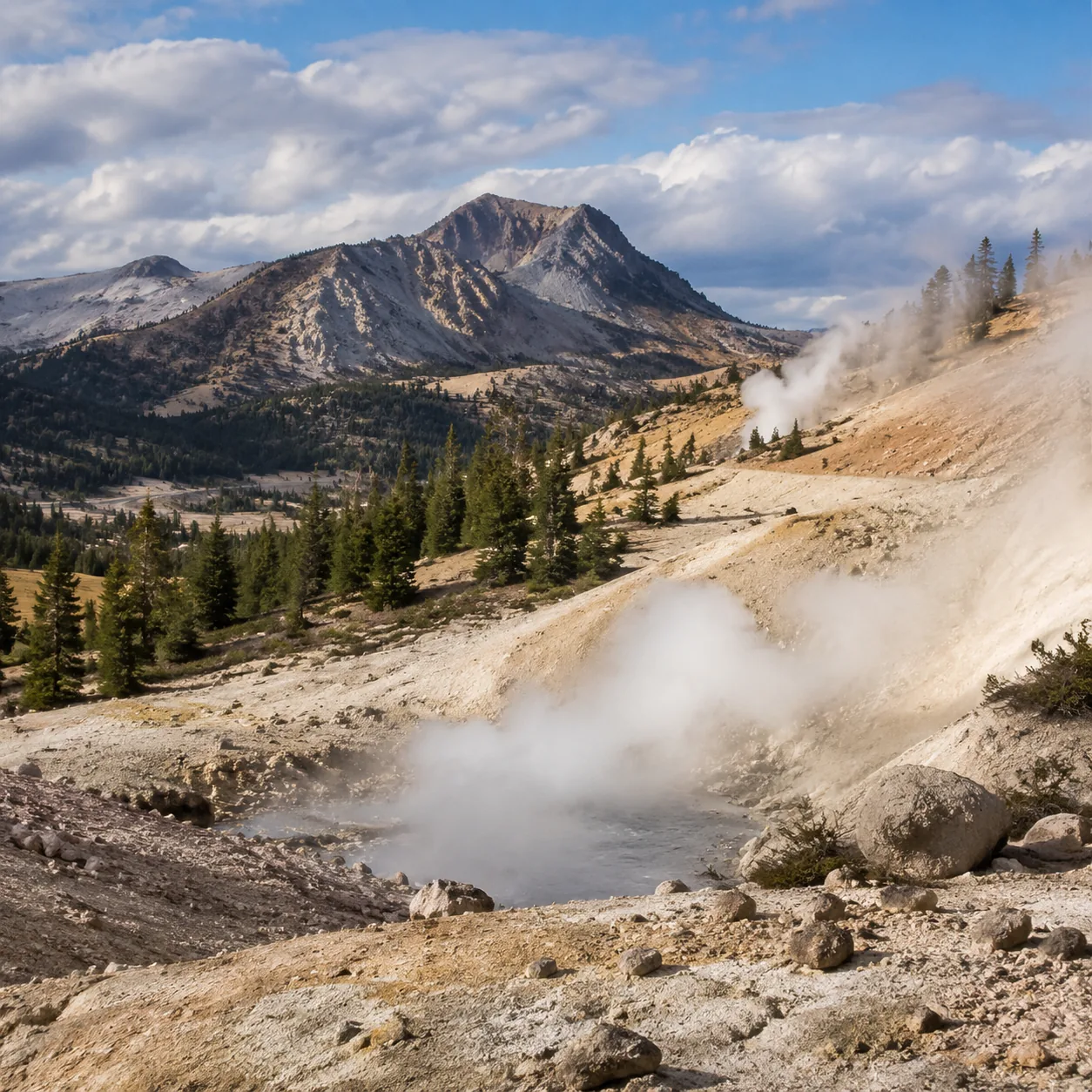 Realistic editorial photo of steaming hydrothermal area and mountain landscape in Lassen Volcanic National Park Californ