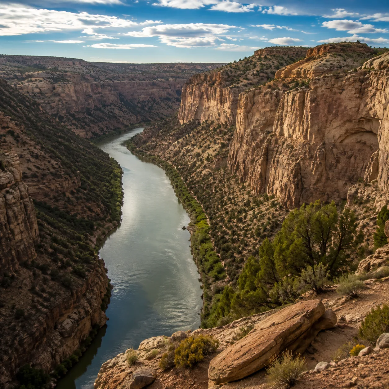 Realistic editorial photo of Green River canyon and desert cliffs at Dinosaur National Monument Utah Colorado, warm natu