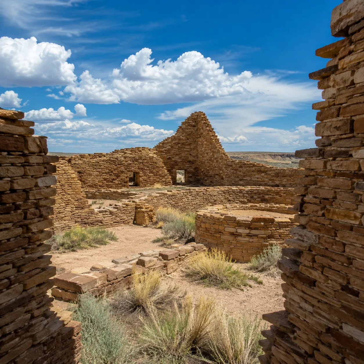 Realistic editorial photo of ancient stone walls at Chaco Culture National Historical Park under blue New Mexico sky, wa