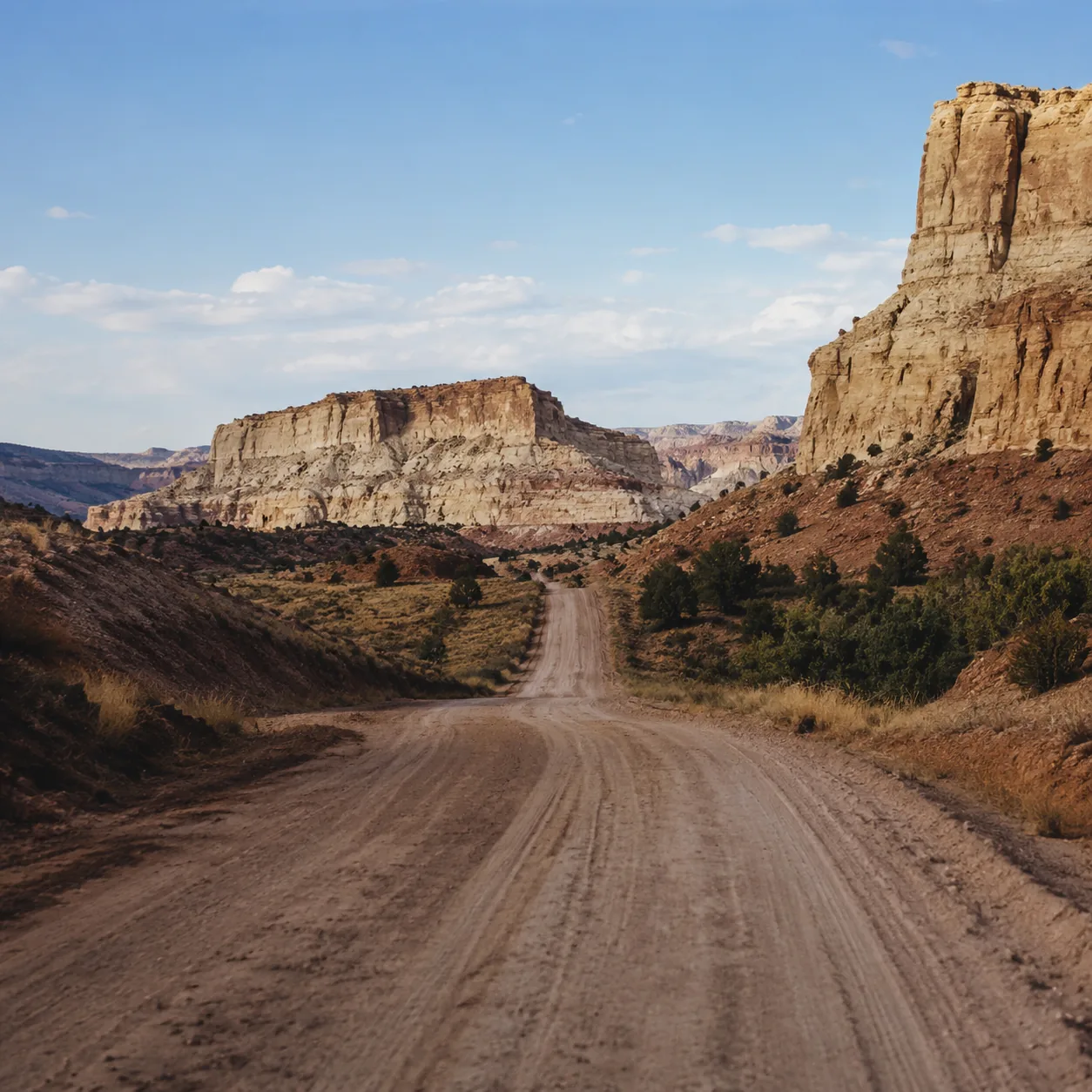 Realistic editorial photo of empty dirt road through Grand Staircase Escalante desert cliffs in Utah, warm natural trave