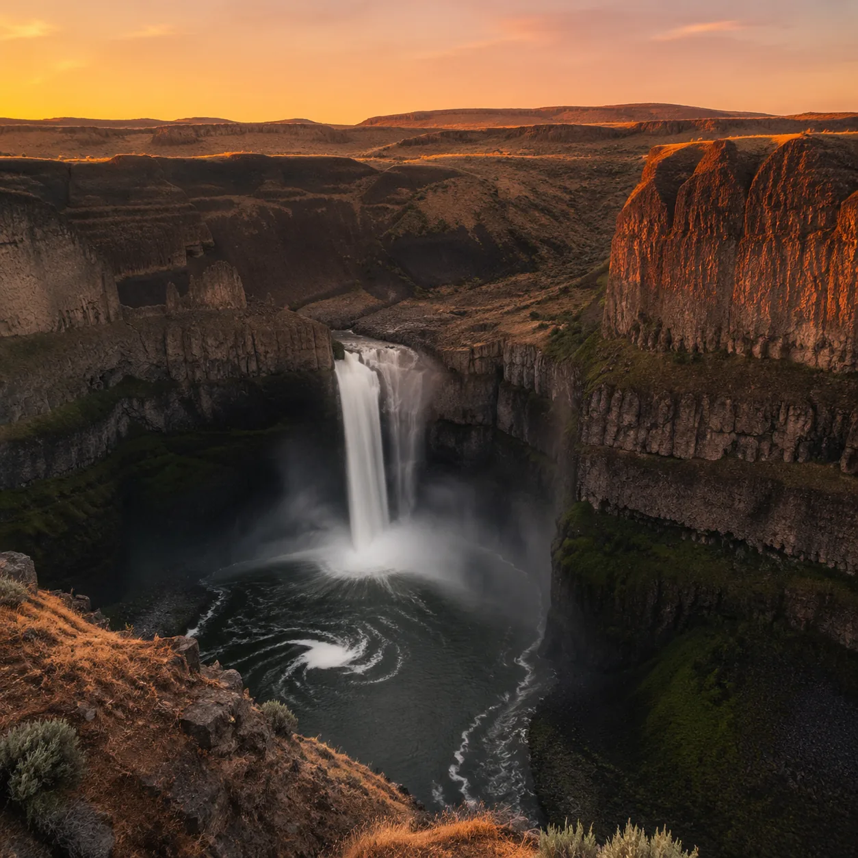 Realistic editorial photo of Palouse Falls plunging into a basalt canyon in eastern Washington at sunset, warm natural t