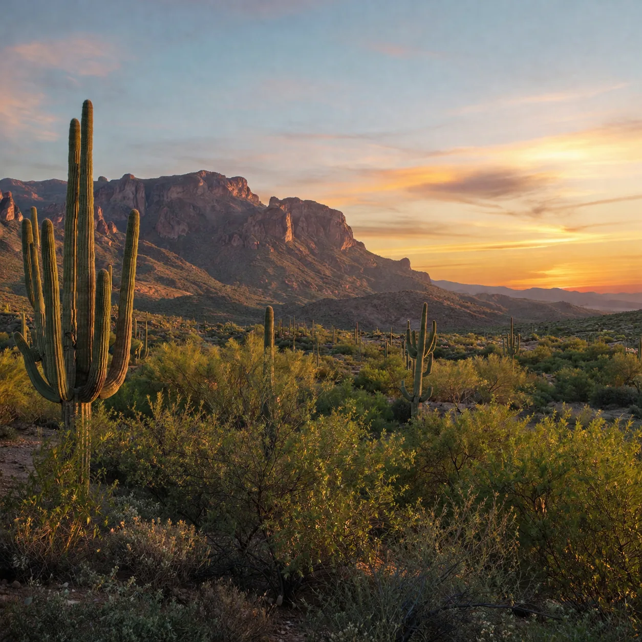 Realistic editorial photo of organ pipe cactus and desert mountains in southern Arizona at sunrise, warm natural travel 