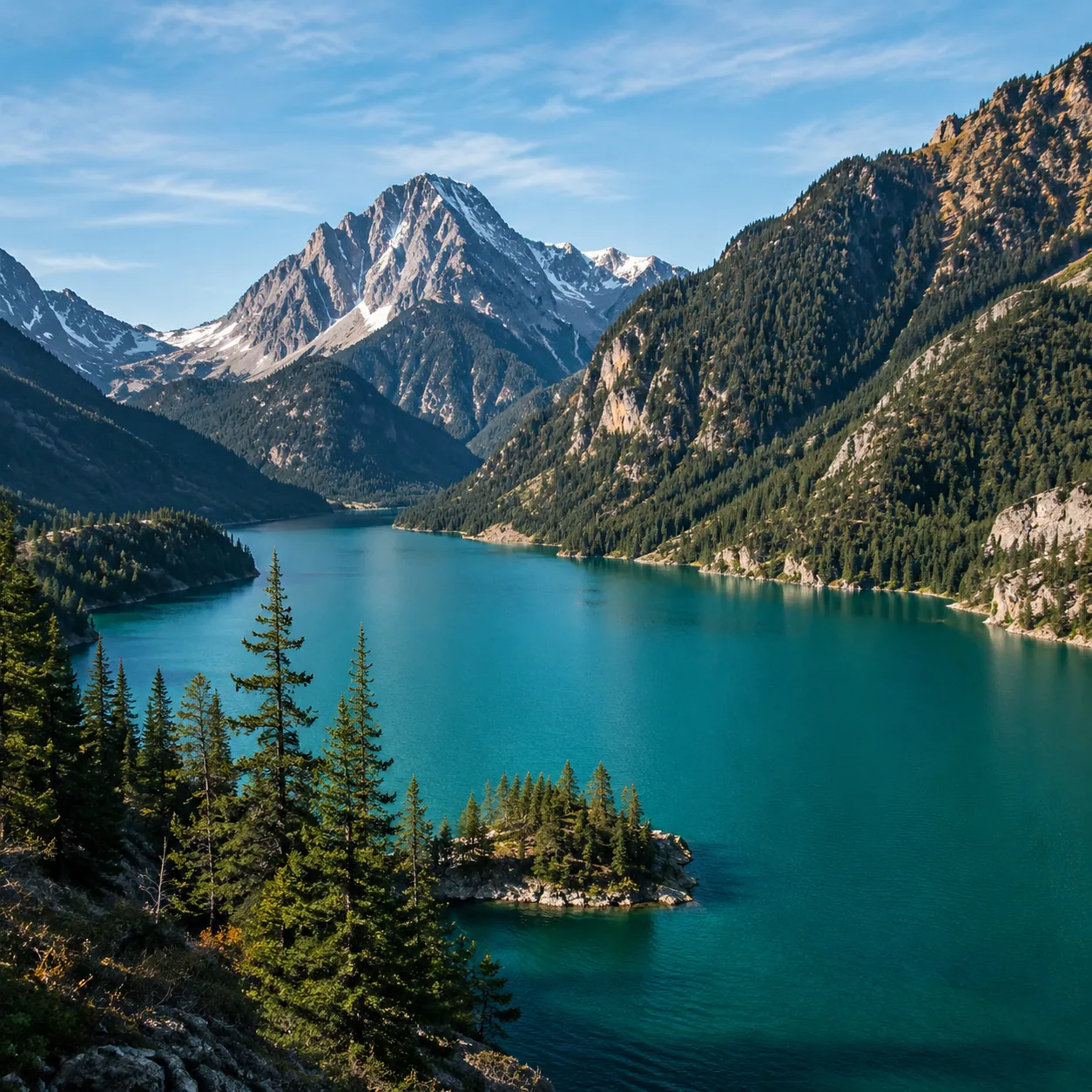 Realistic editorial photo of turquoise alpine lake and jagged peaks along North Cascades Highway Washington, warm natura