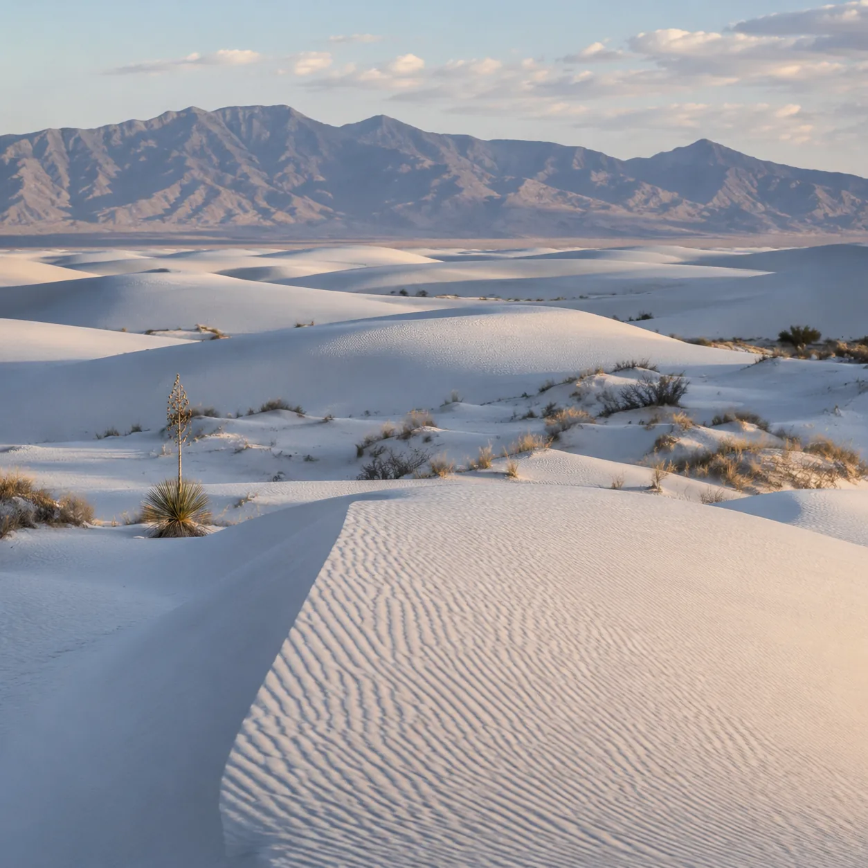 Realistic editorial photo of white gypsum dunes at White Sands National Park New Mexico with mountains in the distance, 