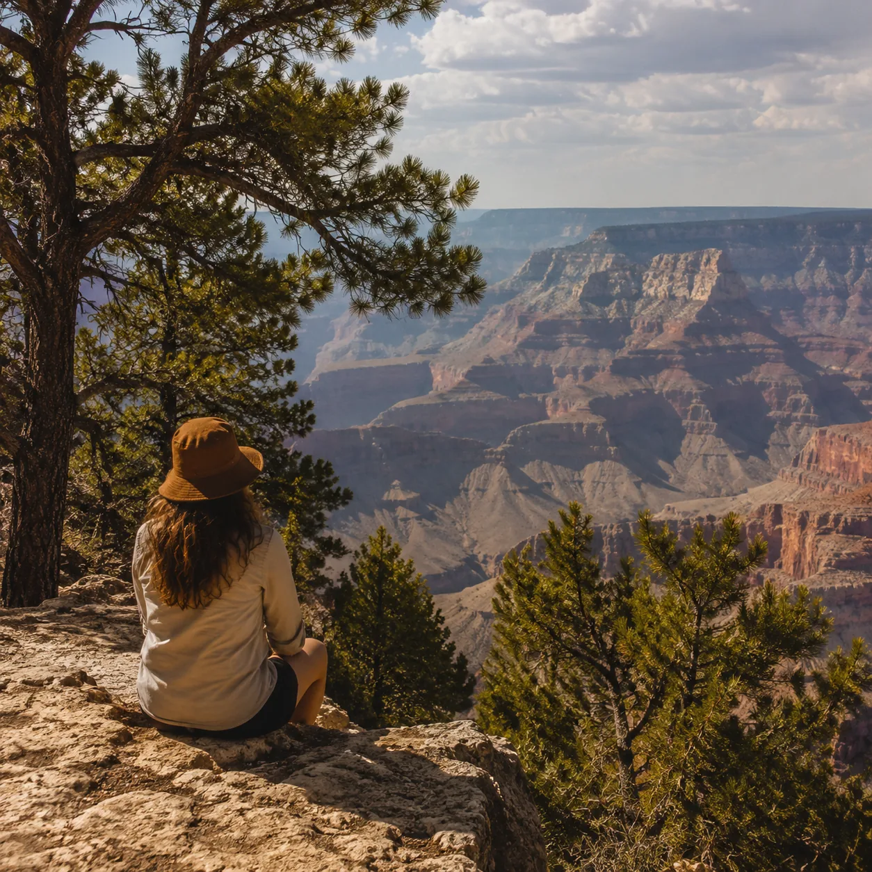 Realistic editorial photo of quiet North Rim Grand Canyon overlook with pine trees and deep canyon view, warm natural tr