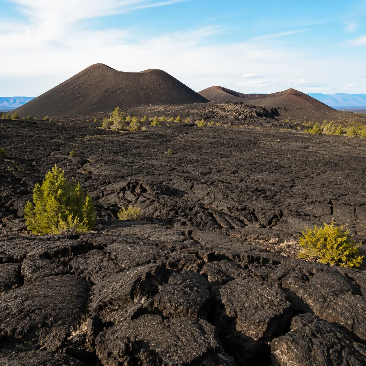 Realistic editorial photo of black lava field and cinder cones at Craters of the Moon Idaho under bright sky, warm natur