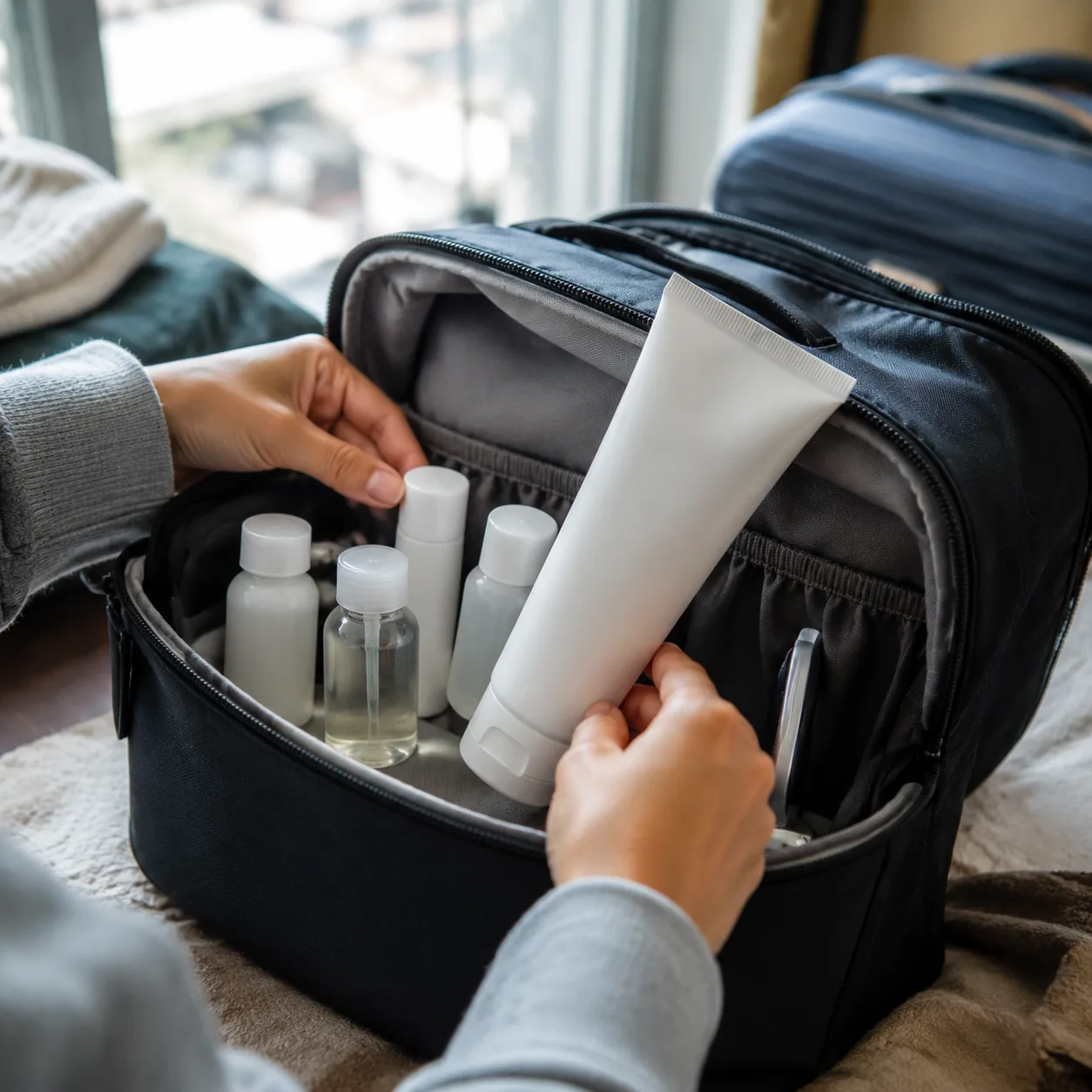 Realistic editorial photo of a full-size moisturizer tube beside travel-size bottles in an open carry-on toiletry bag at