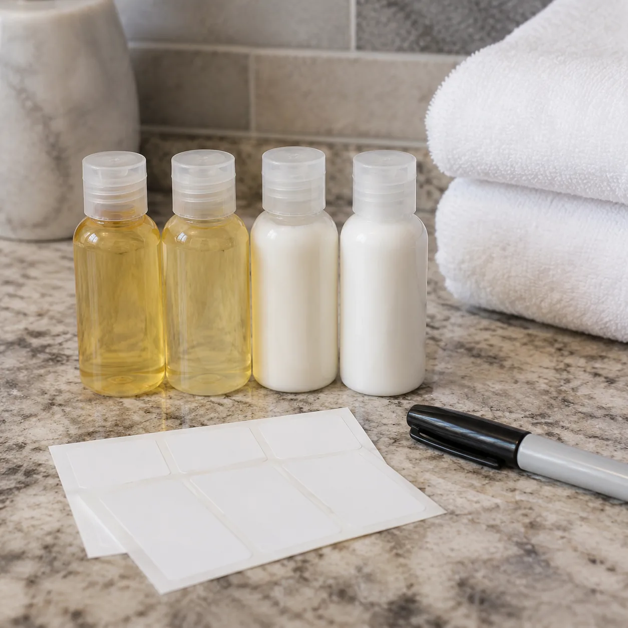 Realistic editorial photo of small unlabeled travel bottles filled with shampoo and lotion next to a permanent marker an