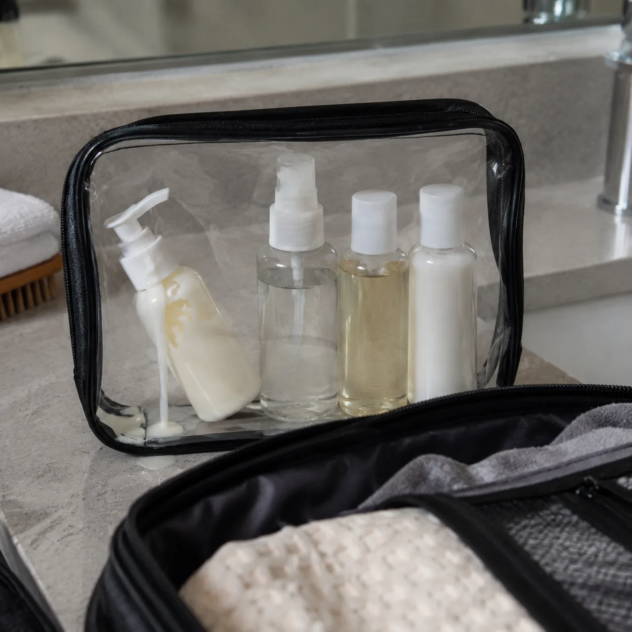 Realistic editorial photo of a small pump bottle of lotion leaking into a clear toiletry bag beside clean travel bottles